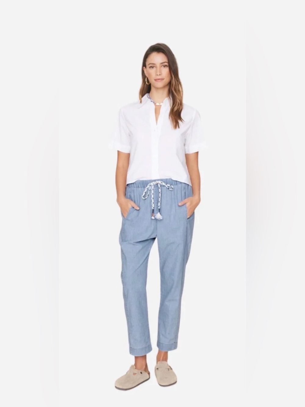 Xirena Chambray Draper Crop Pants Size Large Blue Cotton Pockets Drawstring